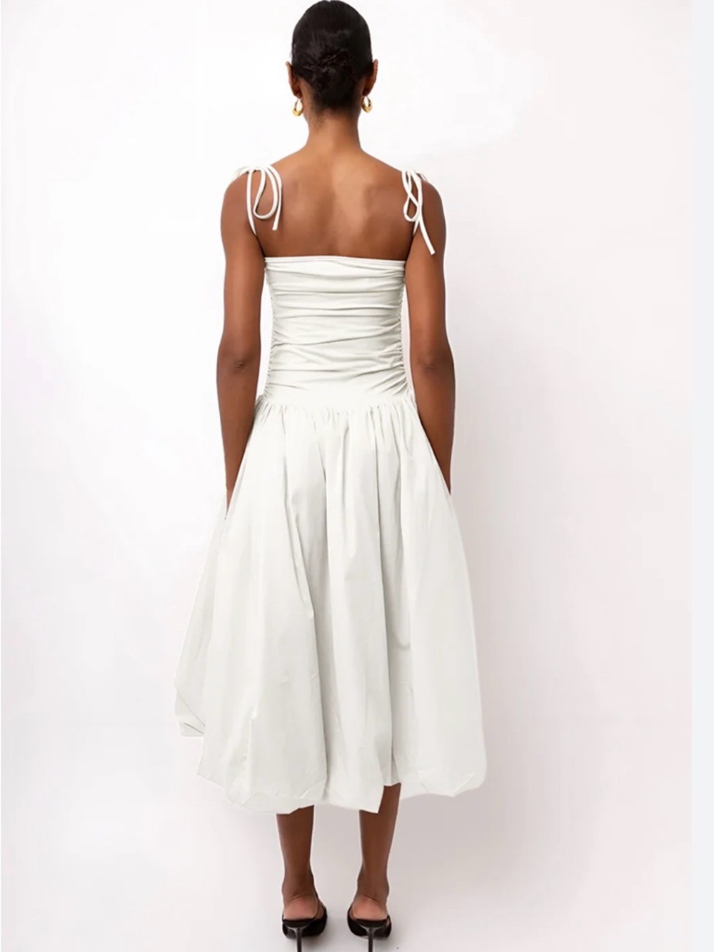 Amy Lynn Alexa Tie-Shoulder Midi Dress Poplin Drop Waist Bubble Skirt White - Picture 2 of 11